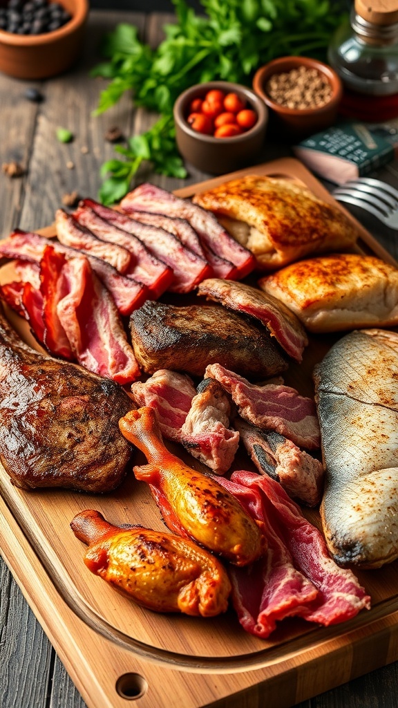 An assortment of meats including steak, bacon, chicken, and fish on a cutting board.